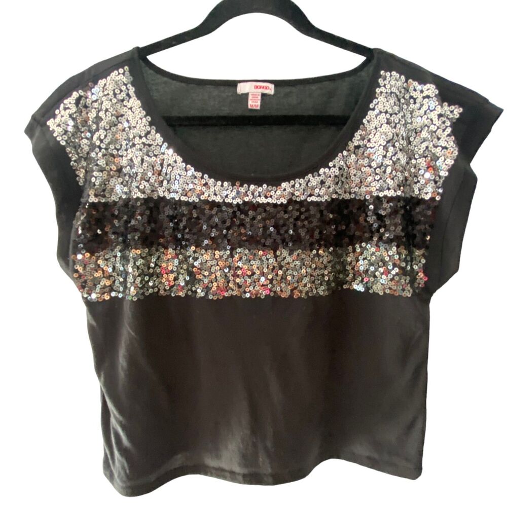 Bongo Black sparkly Sequin Shirt Cropped Top Medium